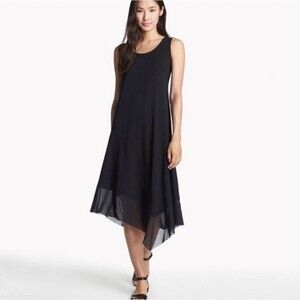 Eileen Fisher asymmetric sheer hem sleevless midi dress black xs